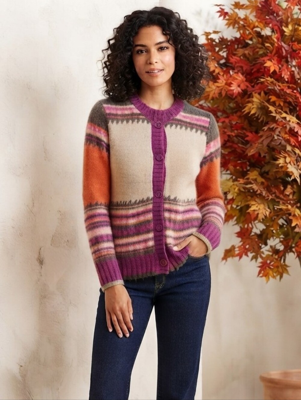 Sigrid Olsen Pink Orange Cream Fair Isle Button-Front Cardigan